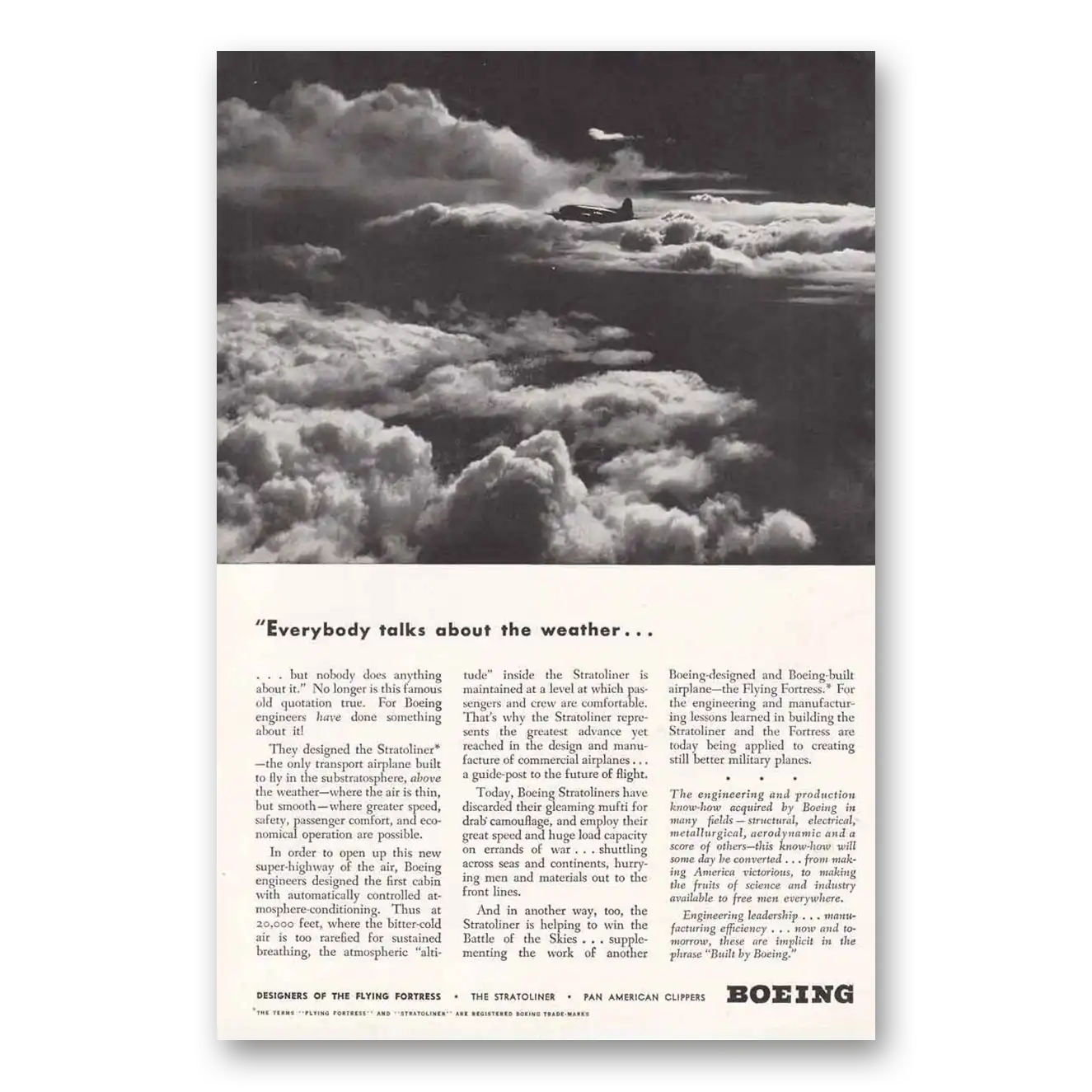 1943 Boeing Stratoliner Everybody Talks About the Weather Vintage Magazine Print Ad