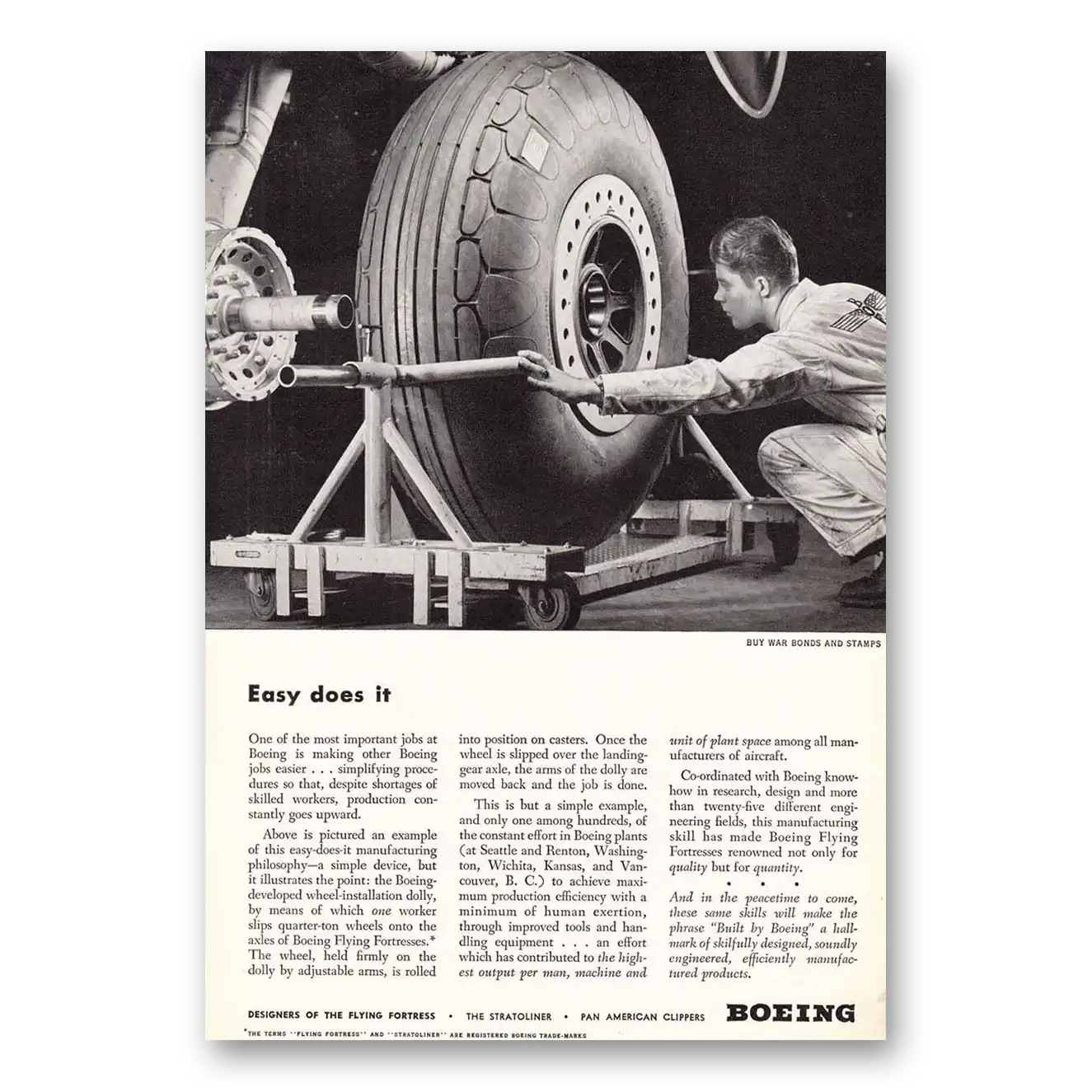 1943 Boeing Flying Fortress Wheel Installation Dolly Vintage Magazine Print Ad