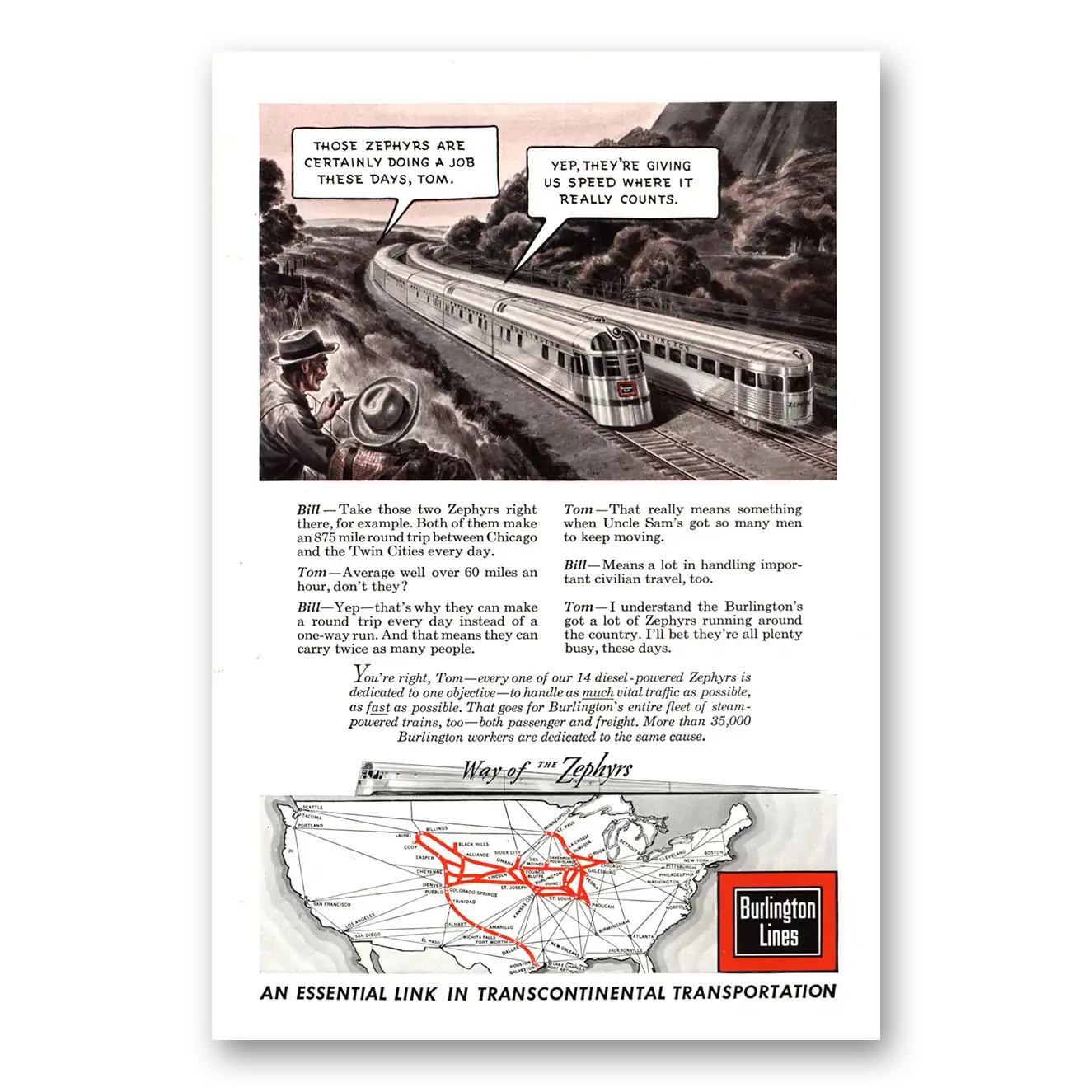 1943 Burlington Route Zephyrs Certainly Doing Job Vintage Magazine Print Ad