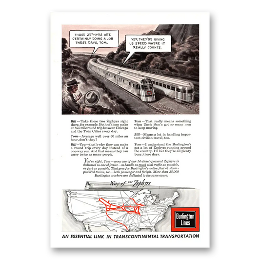 1943 Burlington Route Zephyrs Certainly Doing Job Vintage Magazine Print Ad