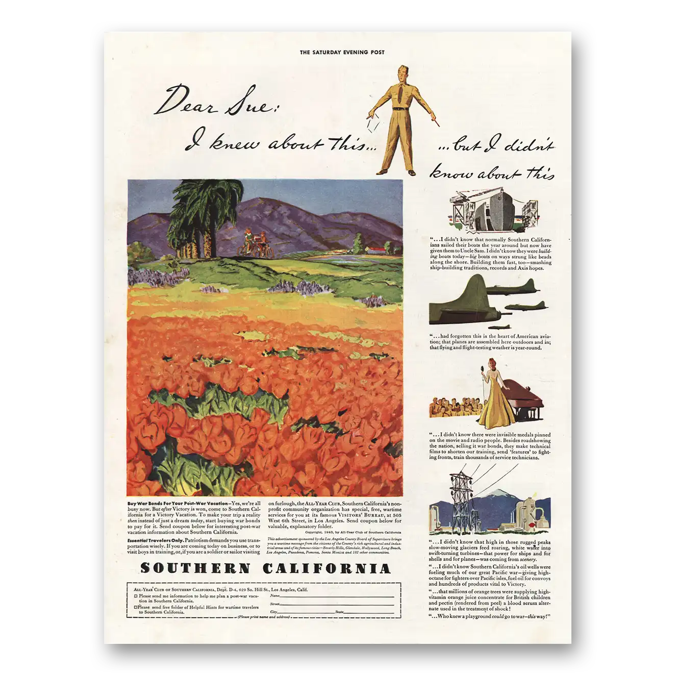 1943 Southern California Dear Sue Vintage Magazine Print Ad