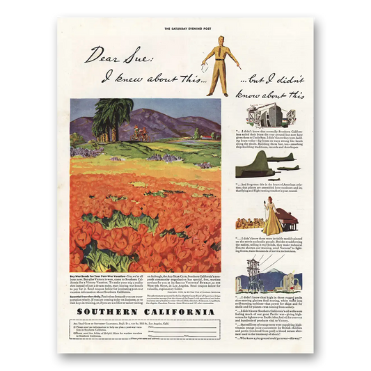 1943 Southern California Dear Sue Vintage Magazine Print Ad