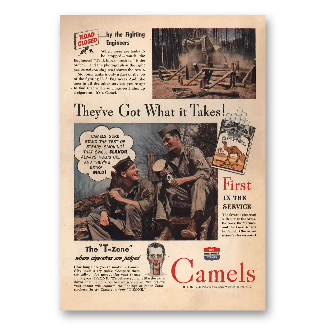 1943 Camel Cigarettes Road Closed Fighting Engineers Vintage Magazine Print Ad