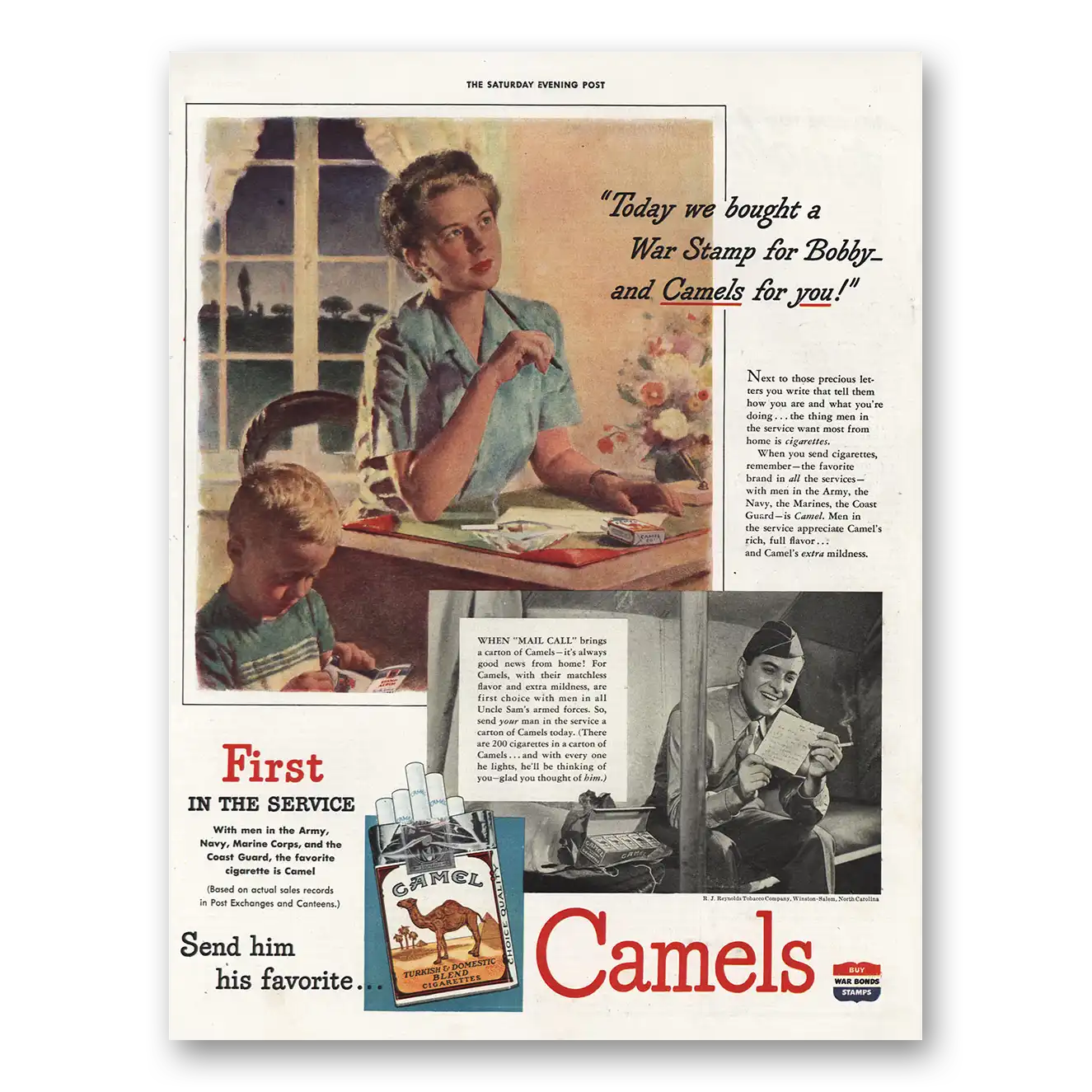 1943 Camel Cigarettes Bought War Stamp for Bobby Vintage Magazine Print Ad