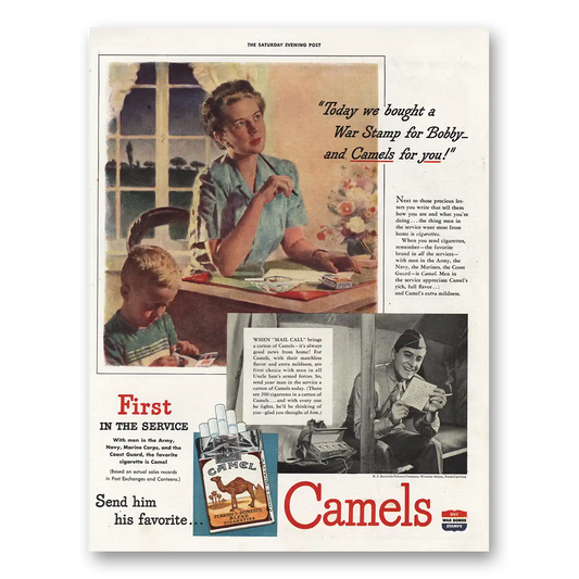 1943 Camel Cigarettes Bought War Stamp for Bobby Vintage Magazine Print Ad