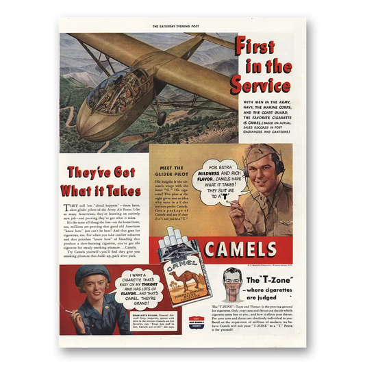 1943 Camel Cigarettes First In the Service Vintage Magazine Print Ad