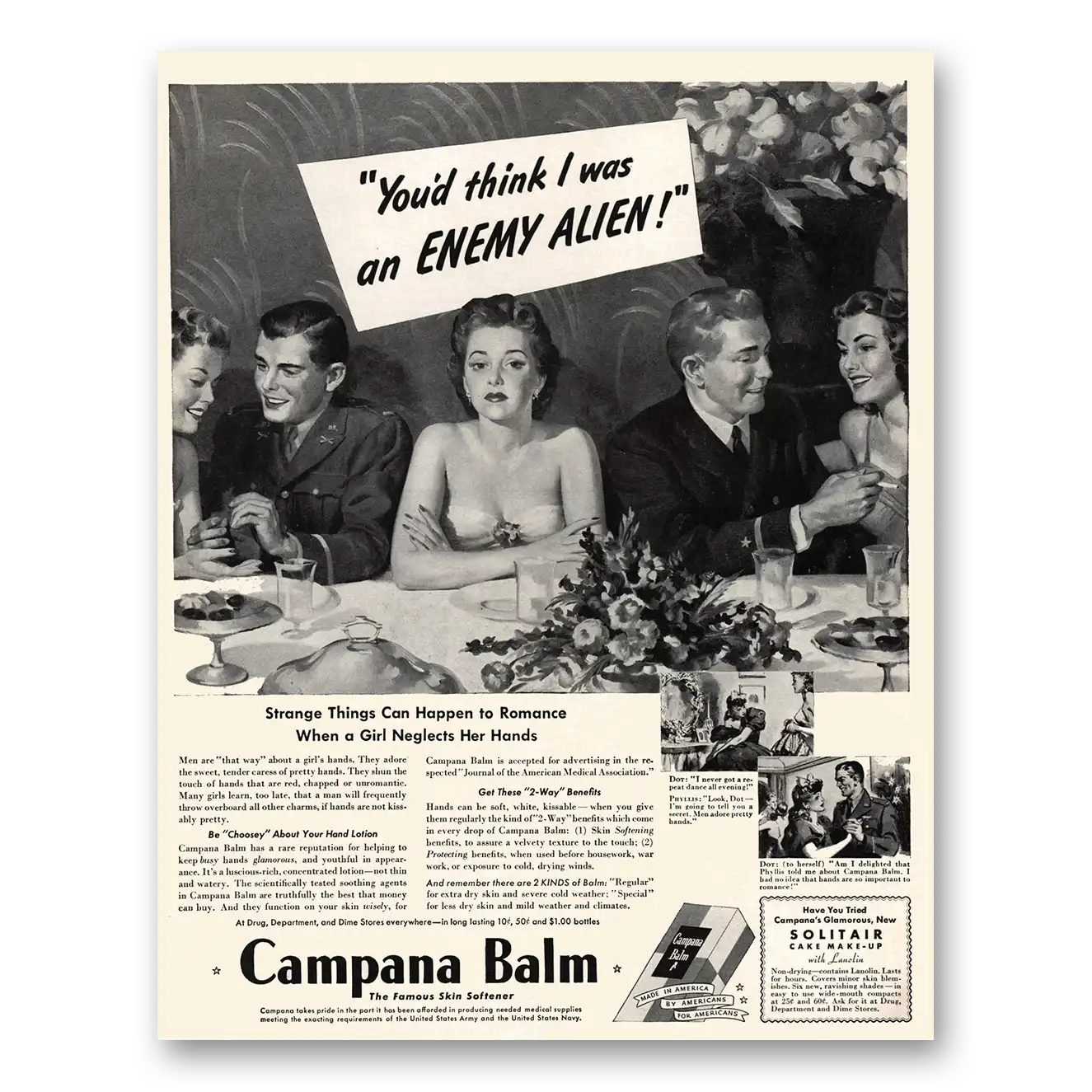 1943 Solitair Cake Make Up Balm Think I Was an Enemy Alien Vintage Magazine Print Ad