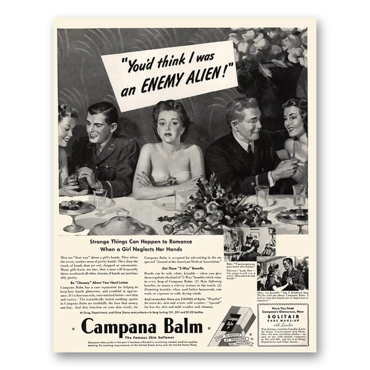 1943 Solitair Cake Make Up Balm Think I Was an Enemy Alien Vintage Magazine Print Ad