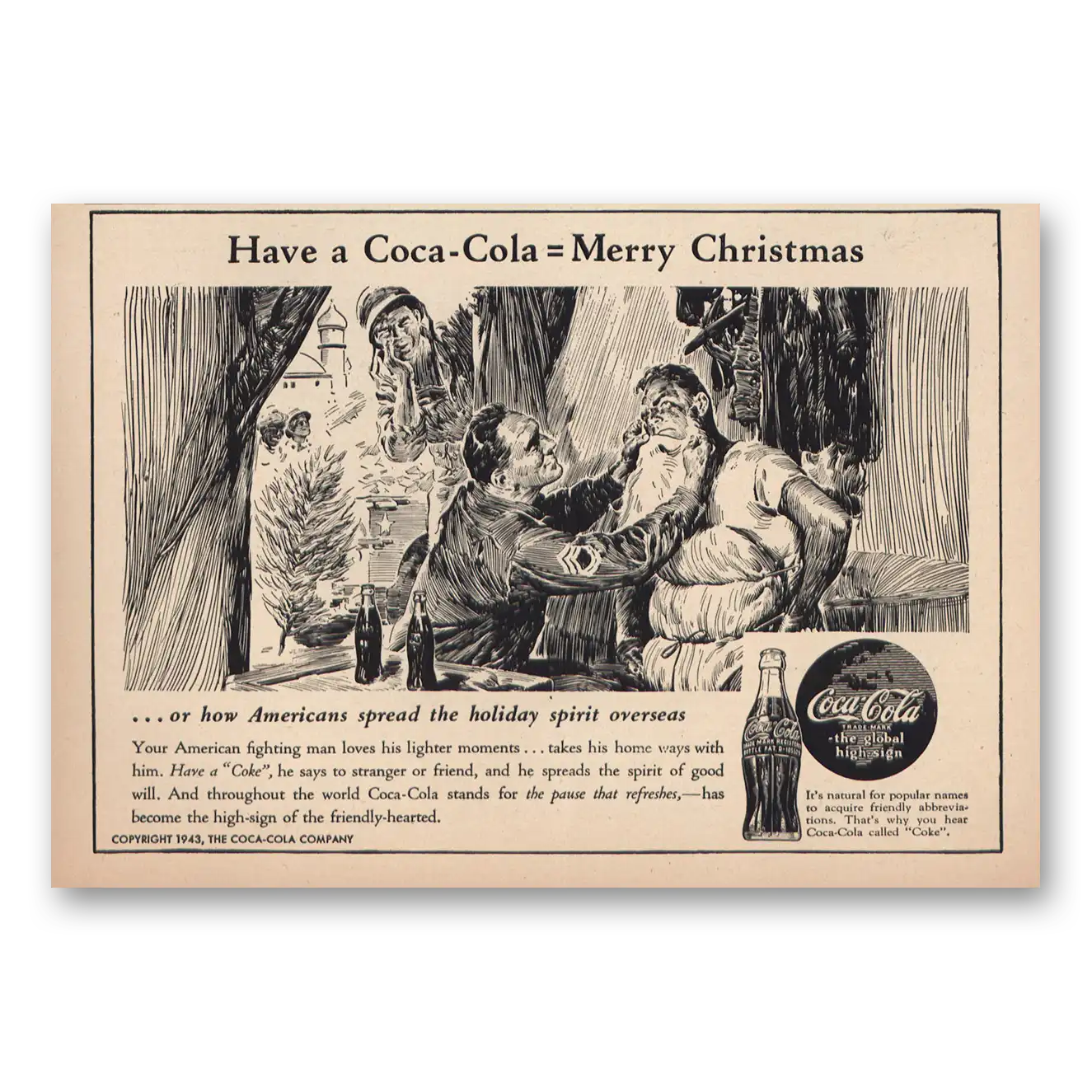 1943 Coca Cola Holiday Spirit Overseas Vintage Magazine Print Ad