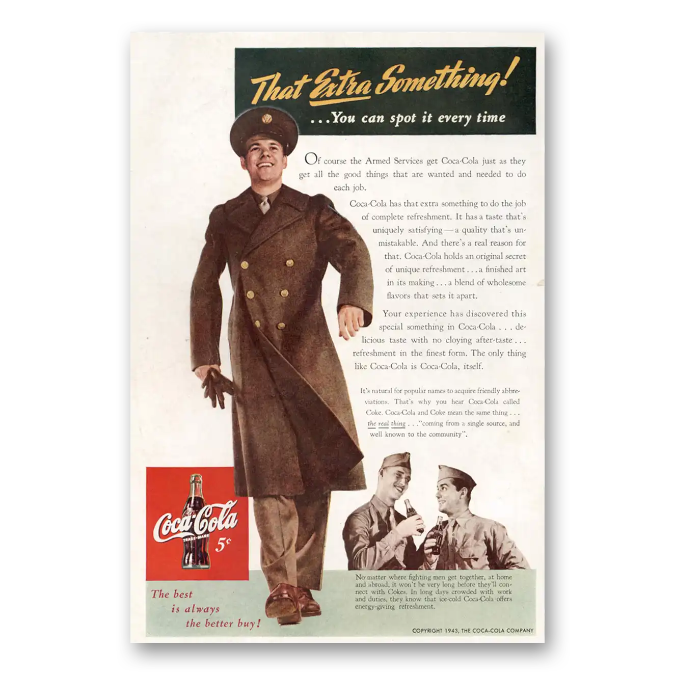 1943 Coca Cola That Extra Something Armed Forces Vintage Magazine Print Ad