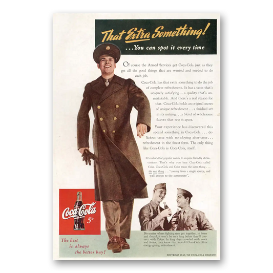 1943 Coca Cola That Extra Something Armed Forces Vintage Magazine Print Ad