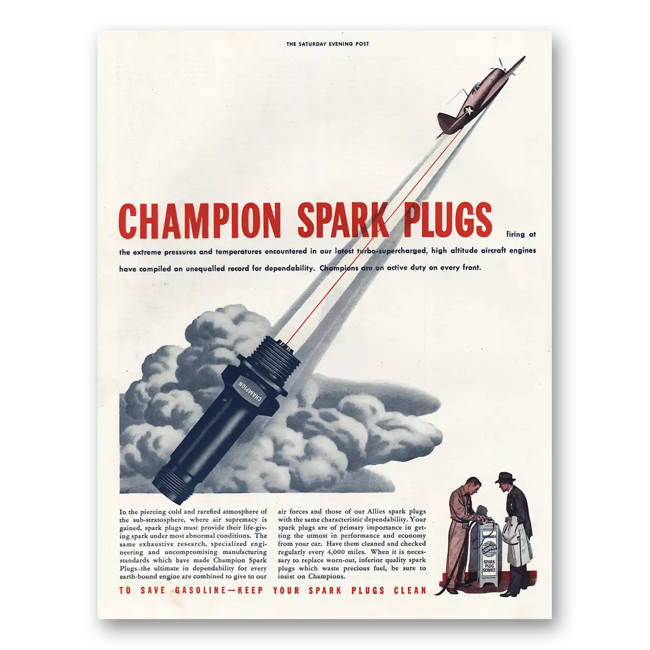 1943 Champion Spark Plugs High Altitude Aircraft Engines Vintage Magazine Print Ad