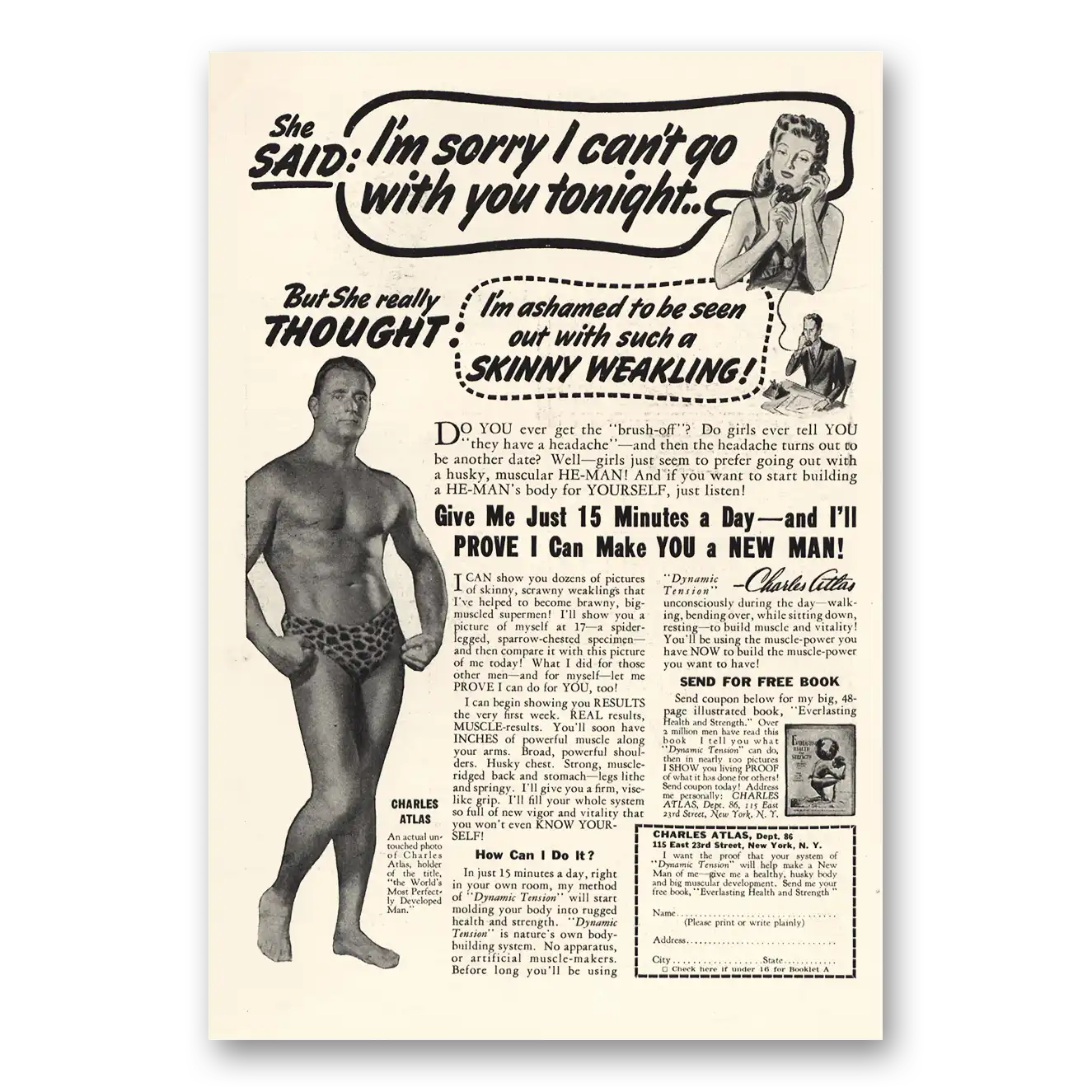 1943 Charles Atlas I Cant Go With You Tonight Vintage Magazine Print Ad