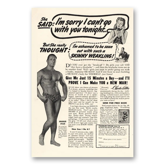 1943 Charles Atlas I Cant Go With You Tonight Vintage Magazine Print Ad