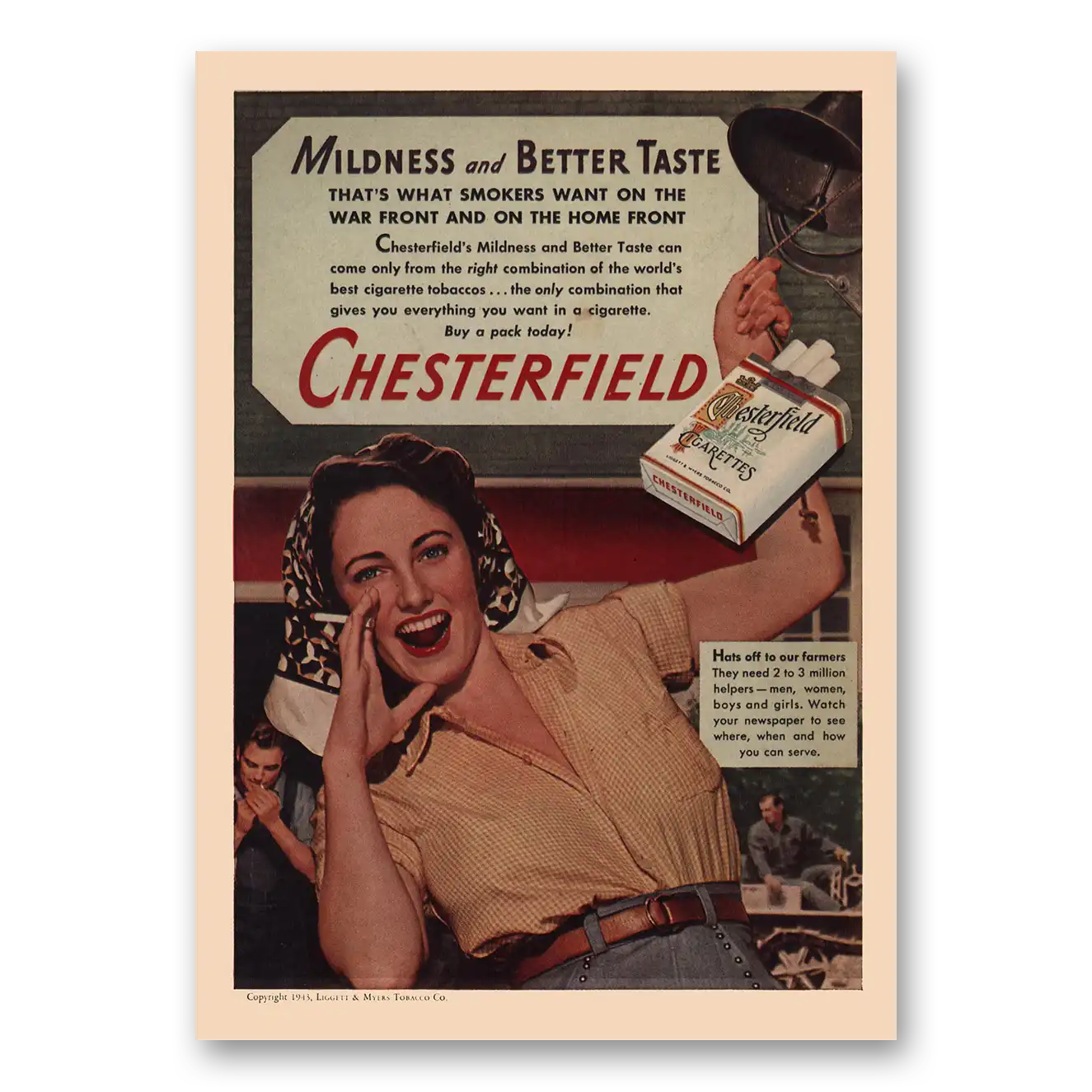 1943 Chesterfield Cigarettes Mildness and Better Taste Vintage Magazine Print Ad