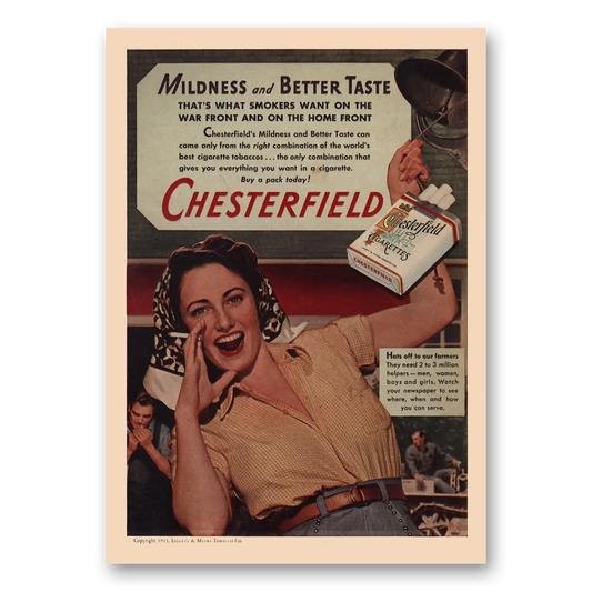 1943 Chesterfield Cigarettes Mildness and Better Taste Vintage Magazine Print Ad