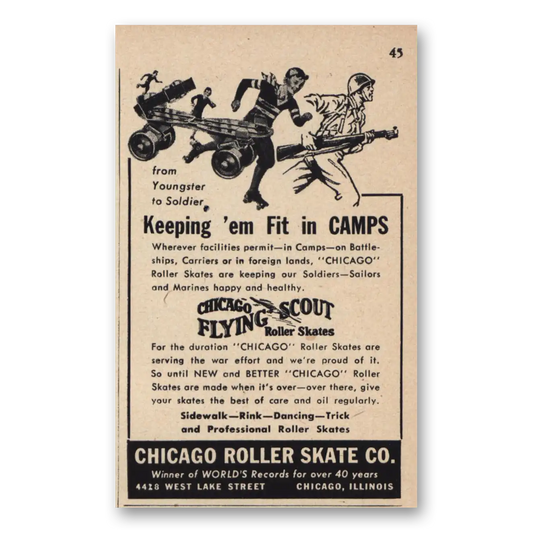 1943 Chicago Roller Skate Keeping Em Fit In Camps Vintage Magazine Print Ad