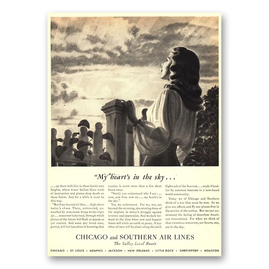 1943 Chicago and Southern Air Lines My Hearts In the Sky Vintage Magazine Print Ad