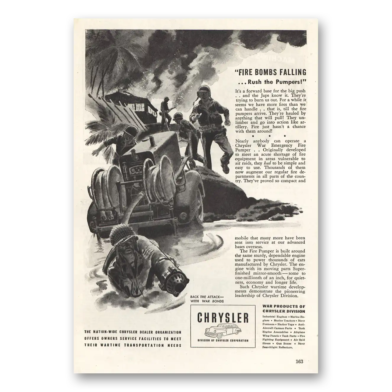 1943 Chrysler War Products Fire Bombs Falling Vintage Magazine Print Ad