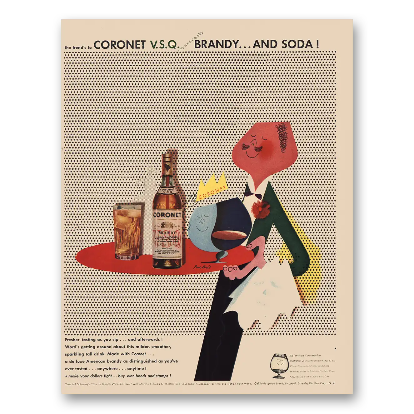 1943 Coronet Brandy soda Vintage Magazine Print Ad