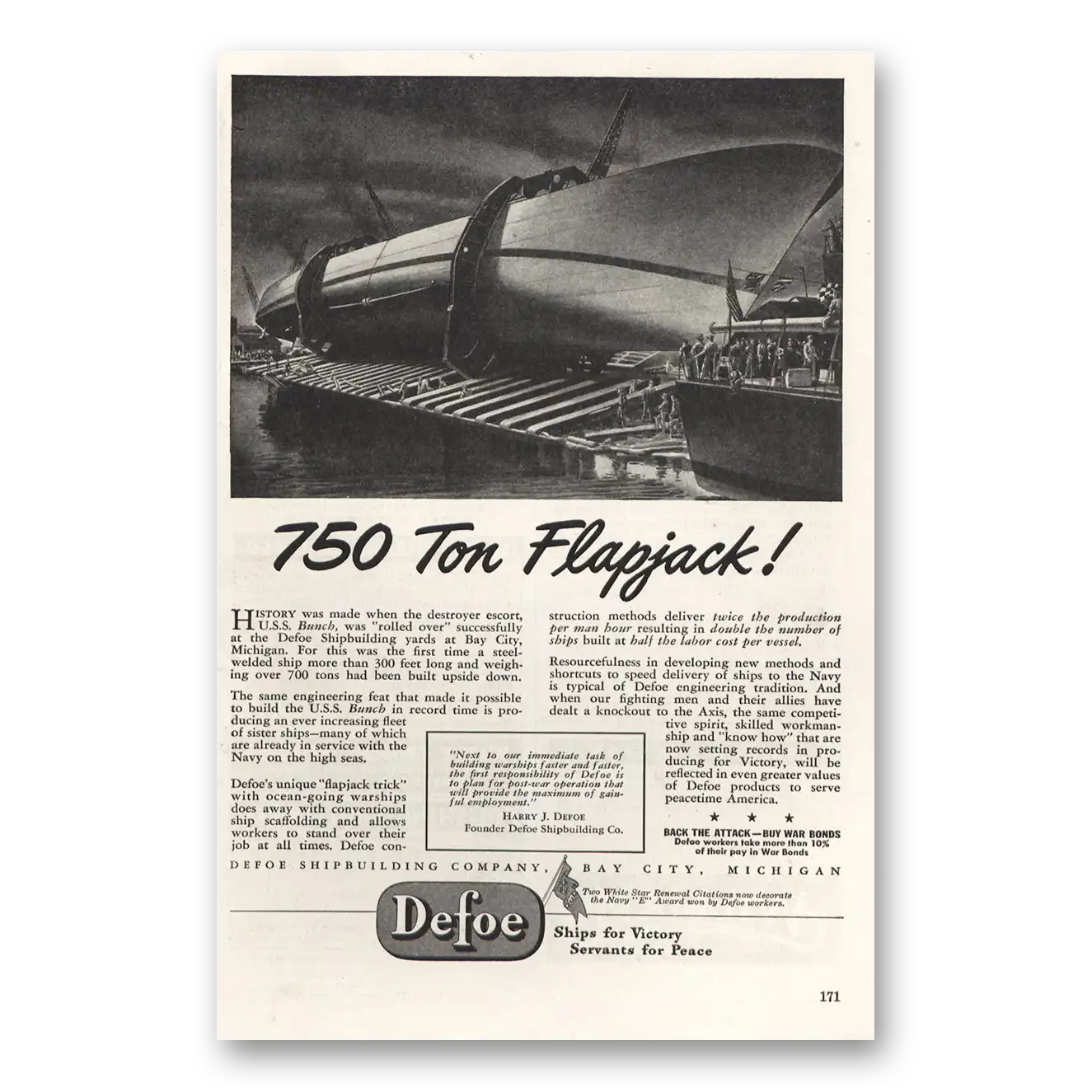 1943 Defoe Shipbuilding 750 Ton Flapjack Vintage Magazine Print Ad