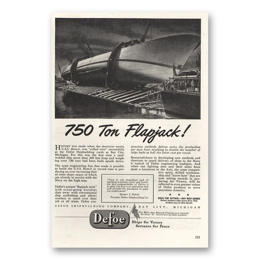 1943 Defoe Shipbuilding 750 Ton Flapjack Vintage Magazine Print Ad