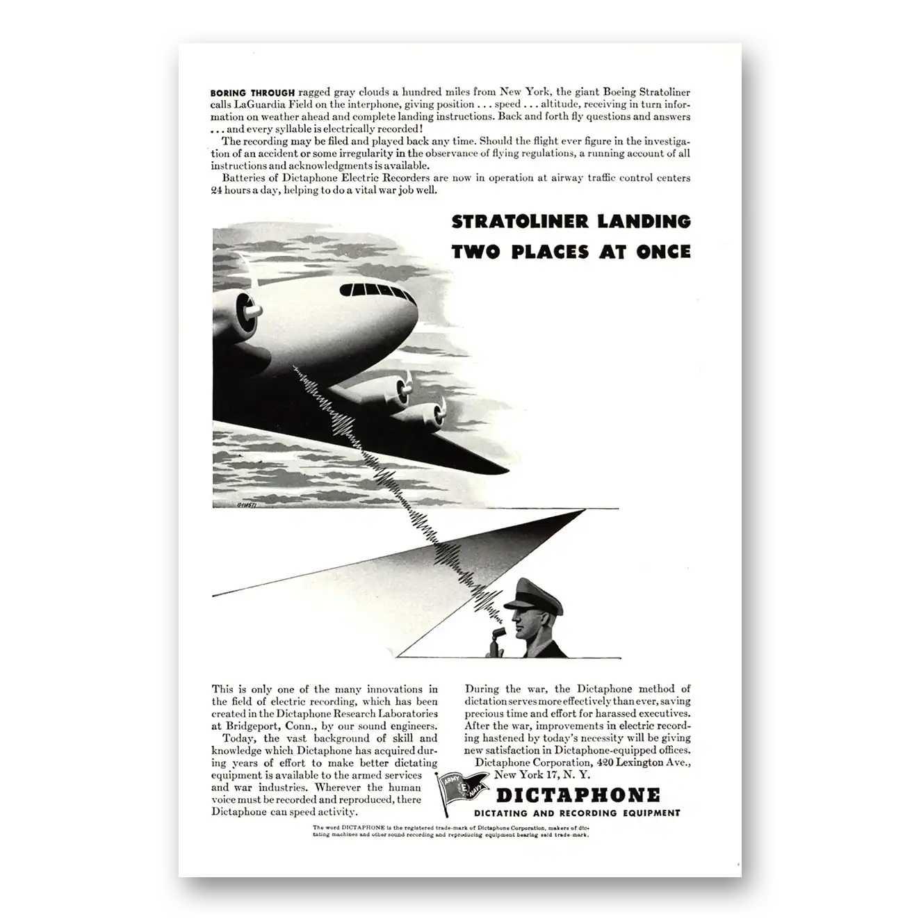 1943 Dictaphone Stratoliner Landing Two Places at Once Vintage Magazine Print Ad