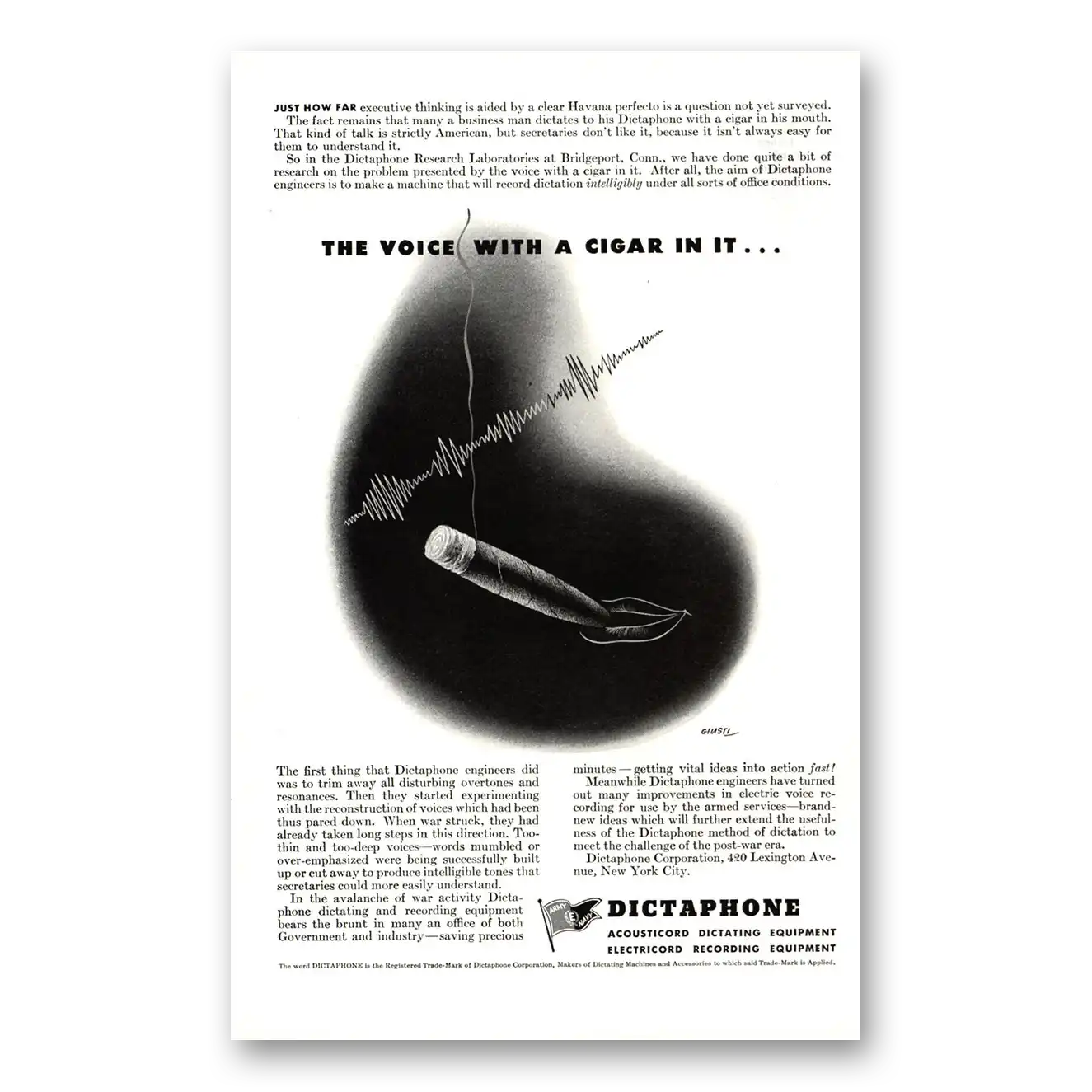 1943 Dictaphone Voice With a Cigar In It Vintage Magazine Print Ad