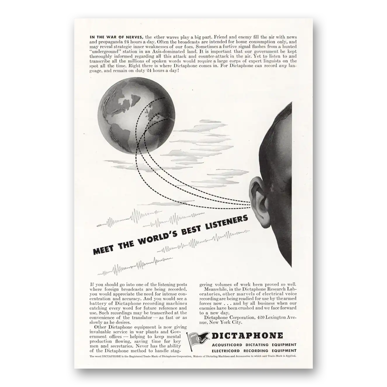 1943 Dictaphone Worlds Best Listeners Vintage Magazine Print Ad