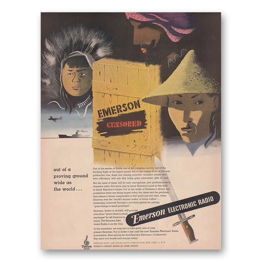 1943 Emerson Radio Out of Proving Ground Wide as the World Vintage Magazine Print Ad