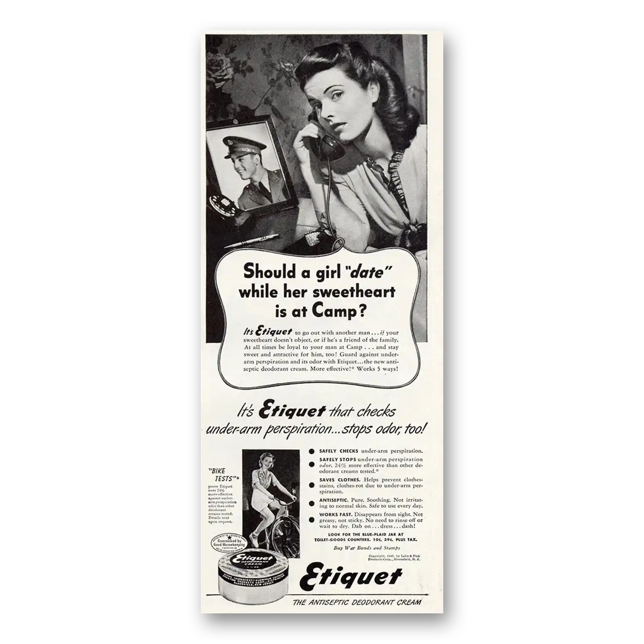 1943 Etiquet Deoderant Should a Girl Date While Her Sweetheart Is at Camp Vintage Magazine Print Ad