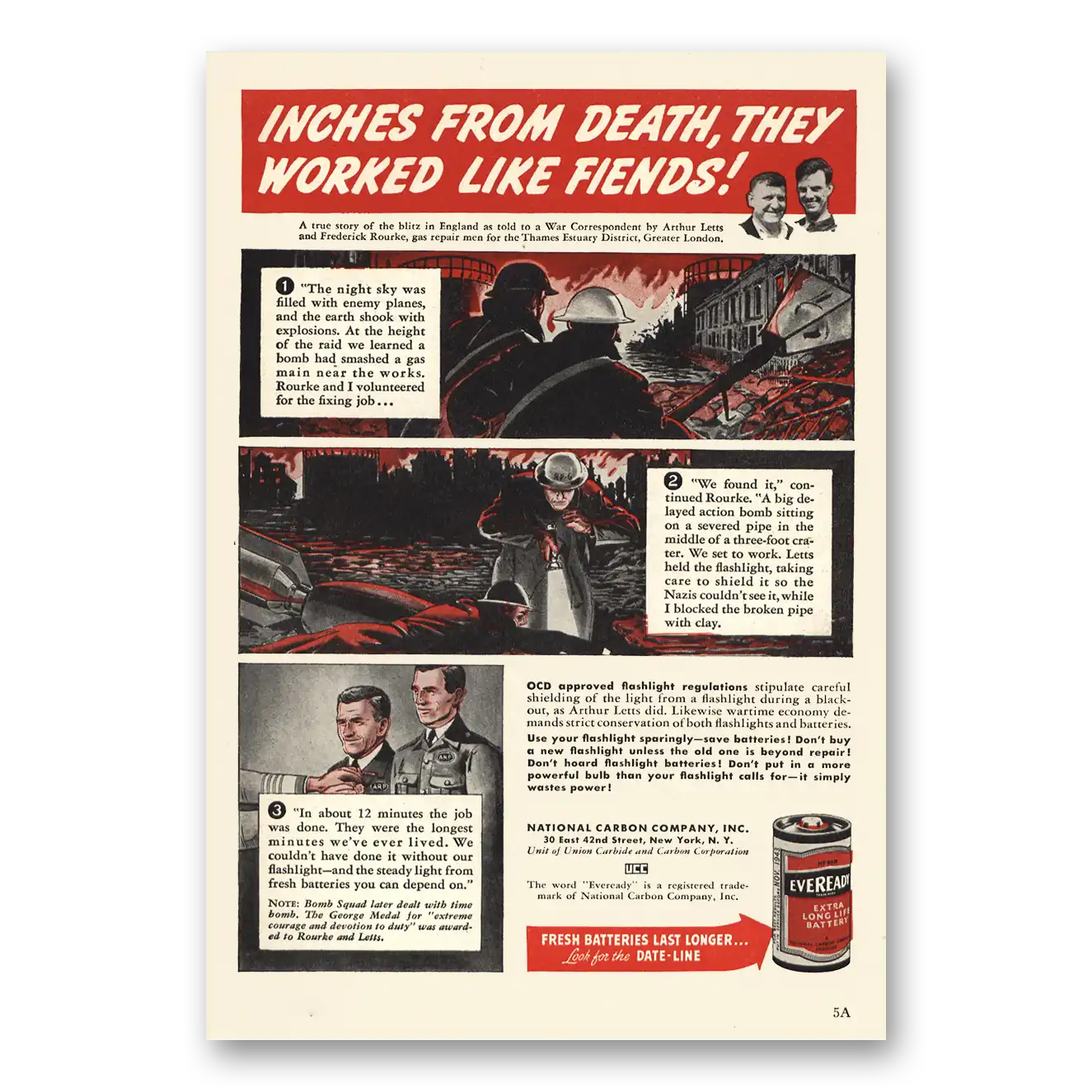 1943 Eveready Batteries Inches From Death Worked Like Fiends Vintage Magazine Print Ad