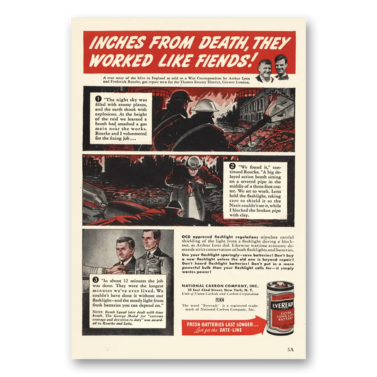 1943 Eveready Batteries Inches From Death Worked Like Fiends Vintage Magazine Print Ad