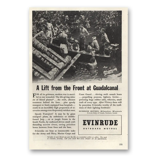 1943 Evinrude Lift From the Front at Guadalcanal Vintage Magazine Print Ad