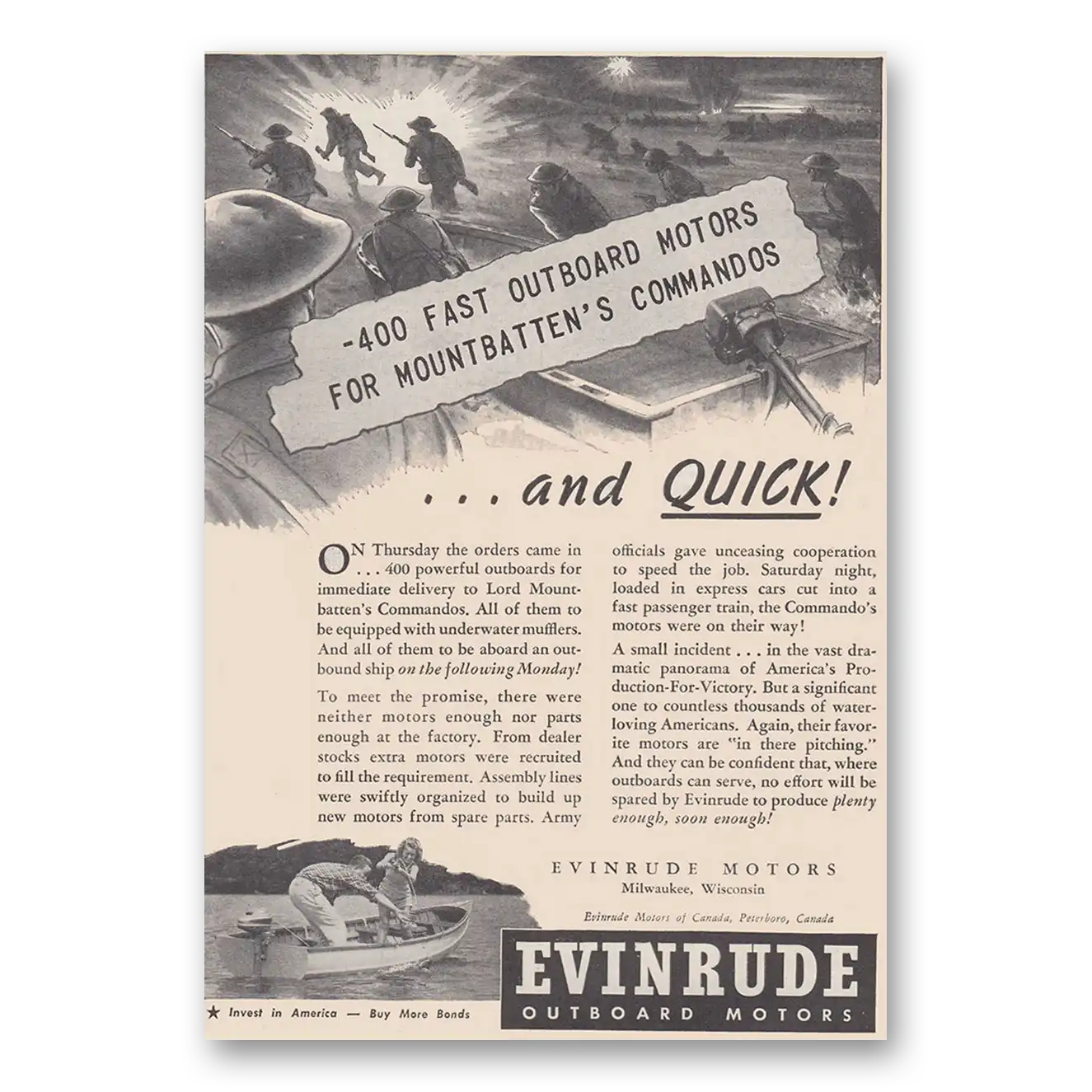 1943 Evinrude Fast Outboard Motors Vintage Magazine Print Ad