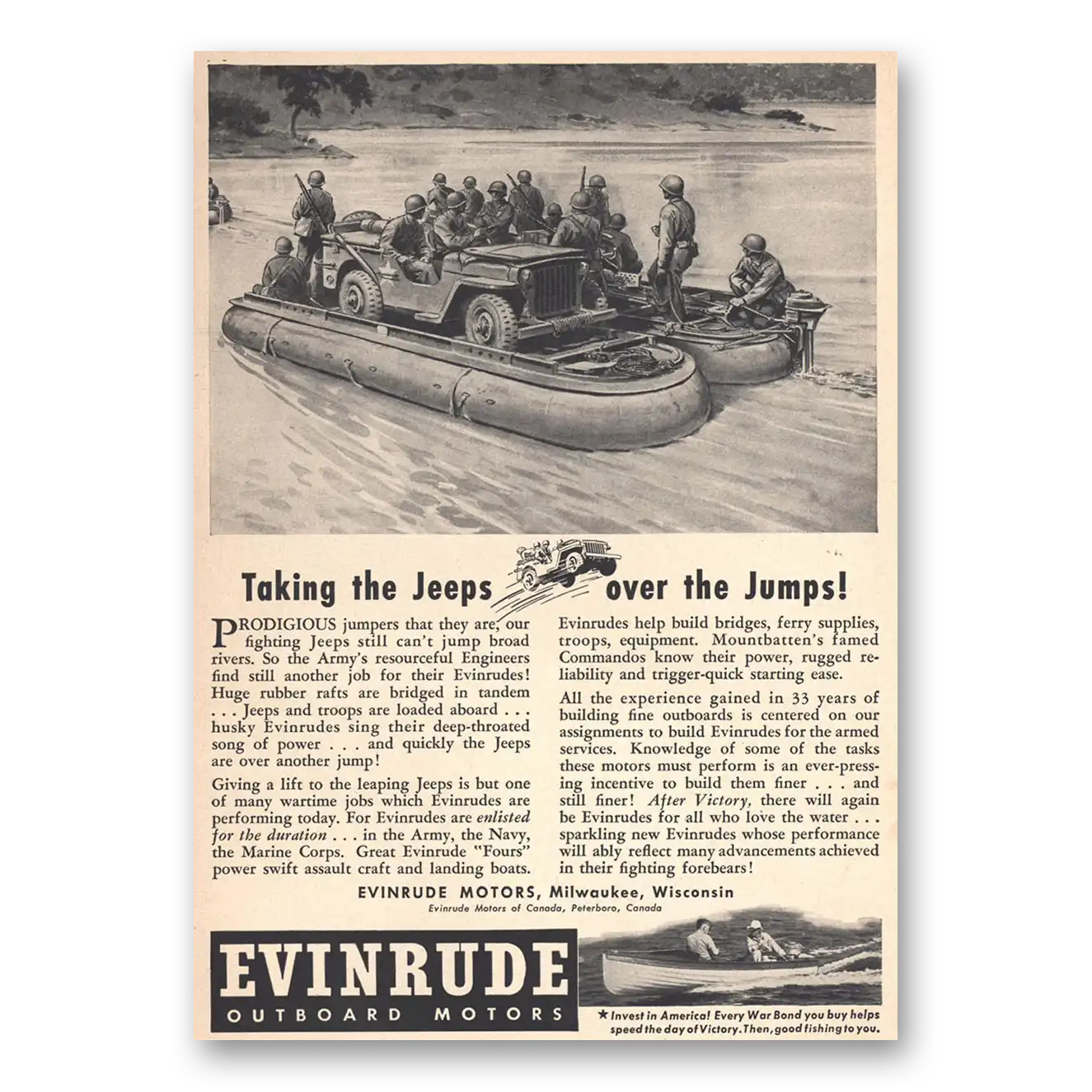 1943 Evinrude Taking the Jeeps Over the Jumps Vintage Magazine Print Ad