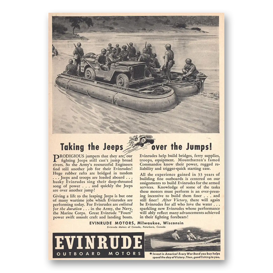 1943 Evinrude Taking the Jeeps Over the Jumps Vintage Magazine Print Ad