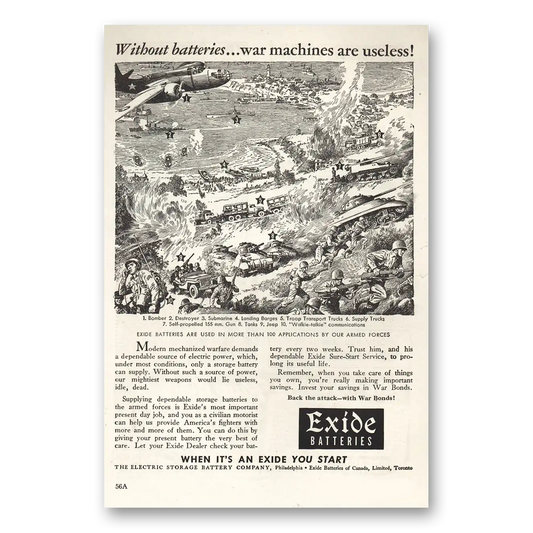 1943 Exide Battery Without Batteries War Machines Are Useless Vintage Magazine Print Ad