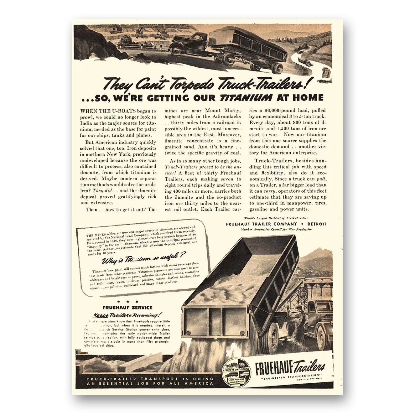 1943 Fruehauf Trailer They Can't Torpedo Truck Trailers Vintage Magazine Print Ad