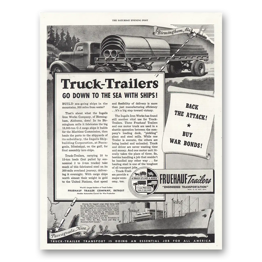 1943 Fruehauf Trailer Go Down To Sea With Ships Vintage Magazine Print Ad