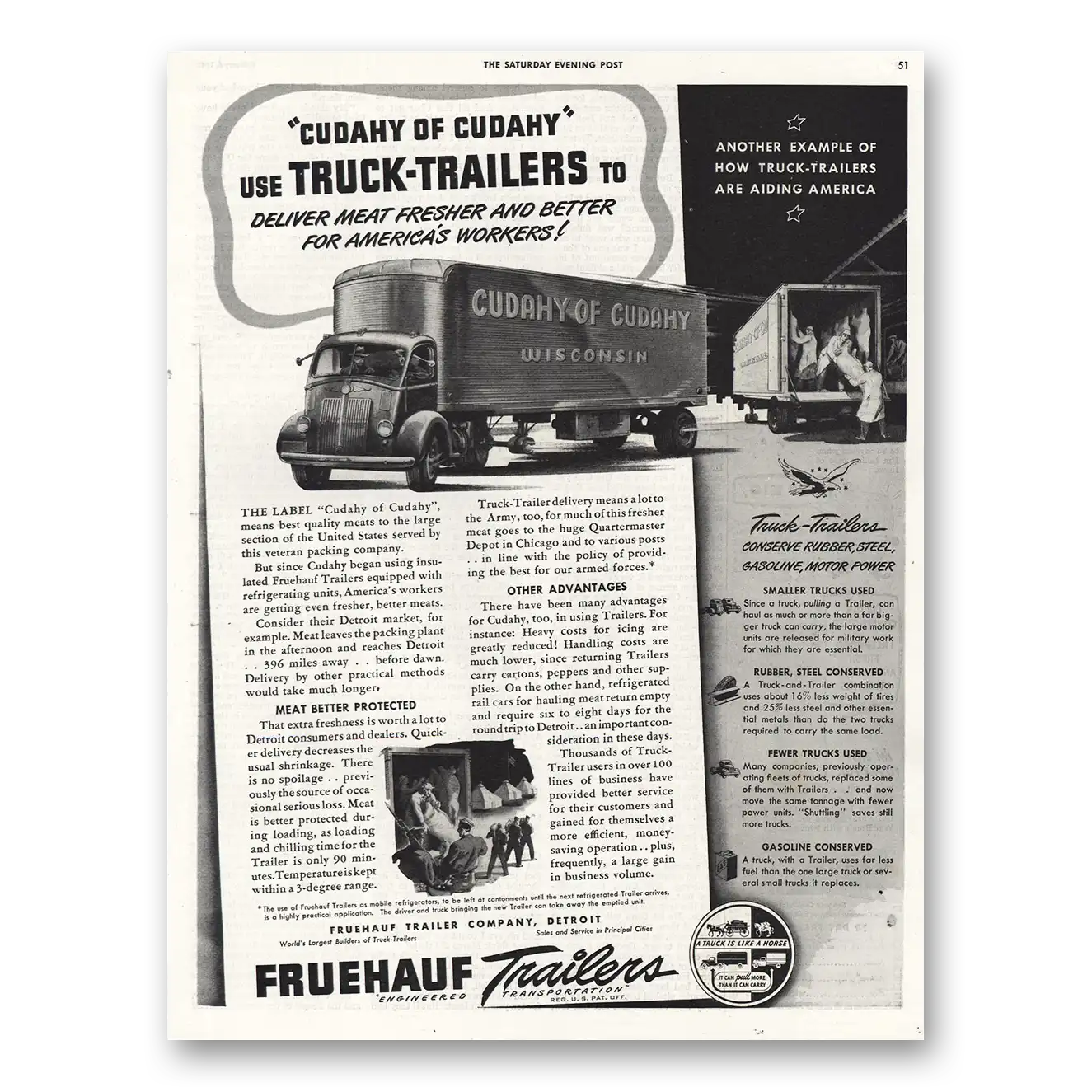 1943 Fruehauf Trailer Cudahy Vintage Magazine Print Ad