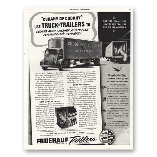 1943 Fruehauf Trailer Cudahy Vintage Magazine Print Ad