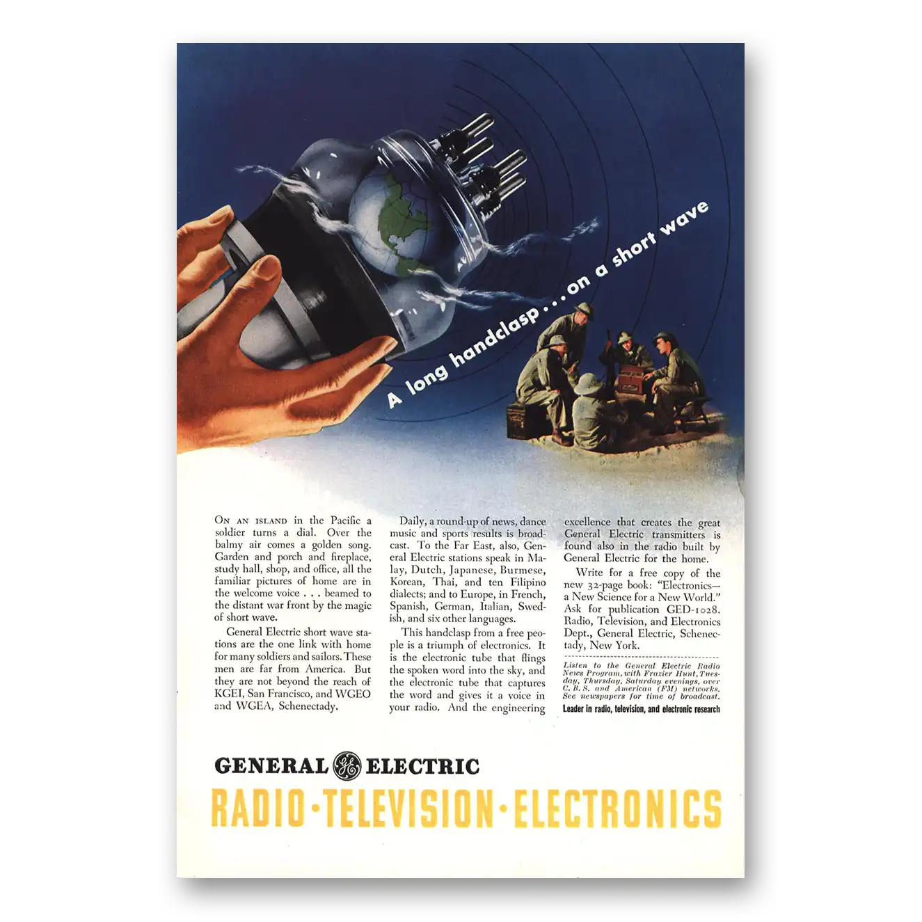 1943 General Electric Long Handclasp on a Short Wave Vintage Magazine Print Ad