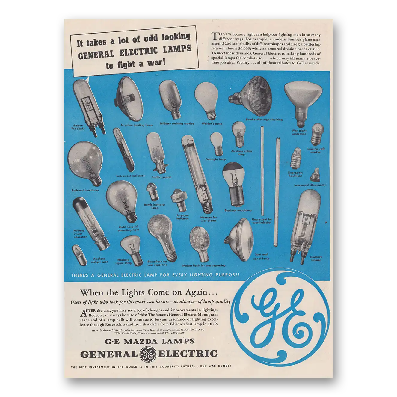 1943 Mazda Lamps Odd Looking General Electric Lamps to Fight a War Vintage Magazine Print Ad