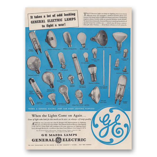 1943 Mazda Lamps Odd Looking General Electric Lamps to Fight a War Vintage Magazine Print Ad