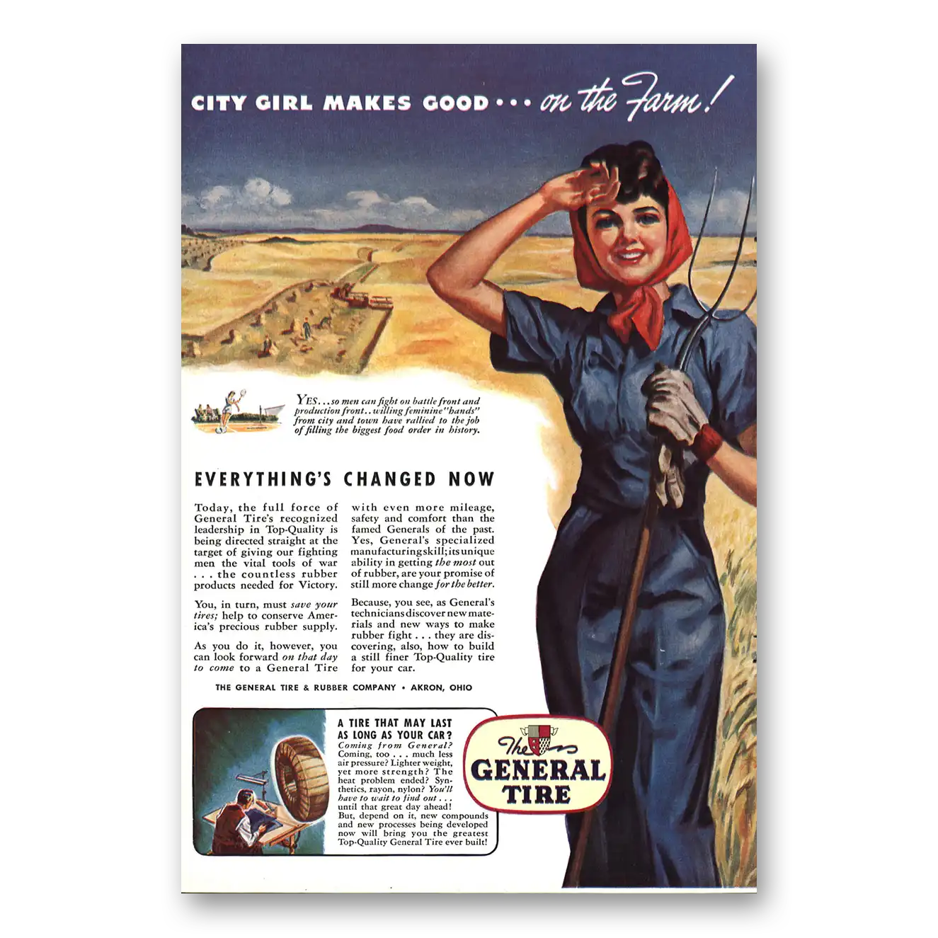 1943 General Tire City Girl Makes Good on the Farm Vintage Magazine Print Ad