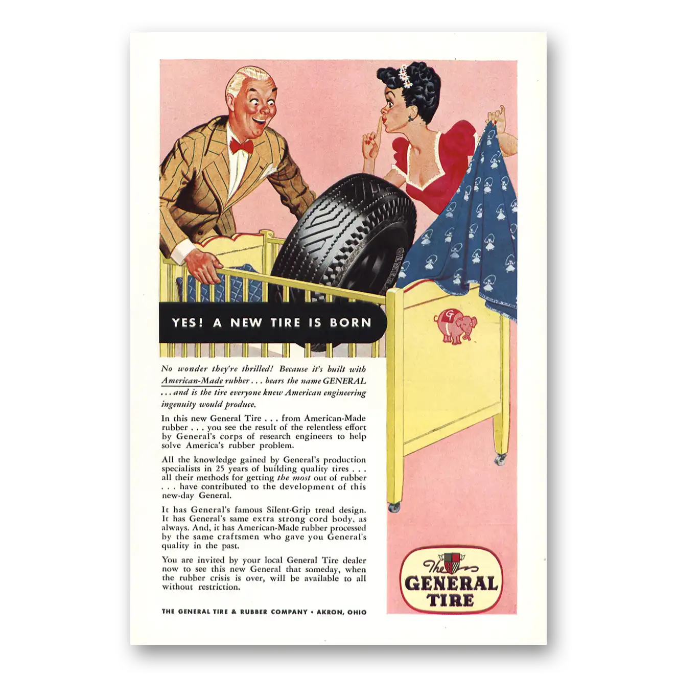 1943 General Tire New Tire Is Born Vintage Magazine Print Ad