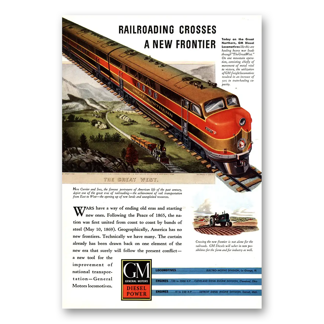 1943 GM Diesel Power Railroading Crosses a New Frontier Vintage Magazine Print Ad