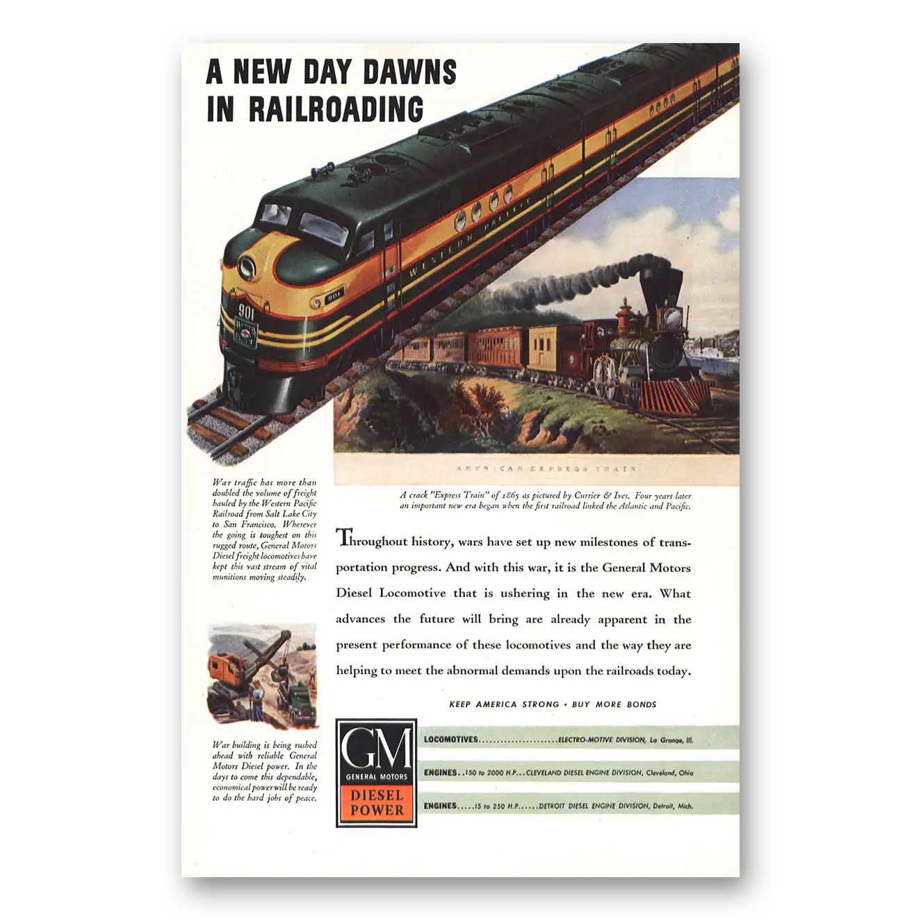 1943 GM Diesel Power New Day Dawns for Railroading Vintage Magazine Print Ad