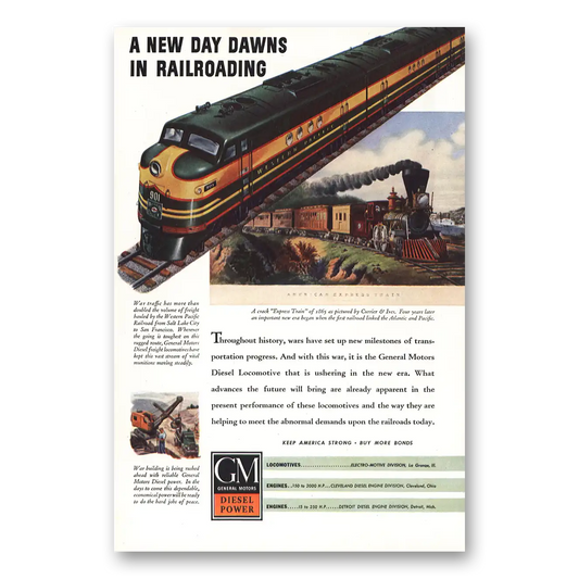 1943 GM Diesel Power New Day Dawns for Railroading Vintage Magazine Print Ad